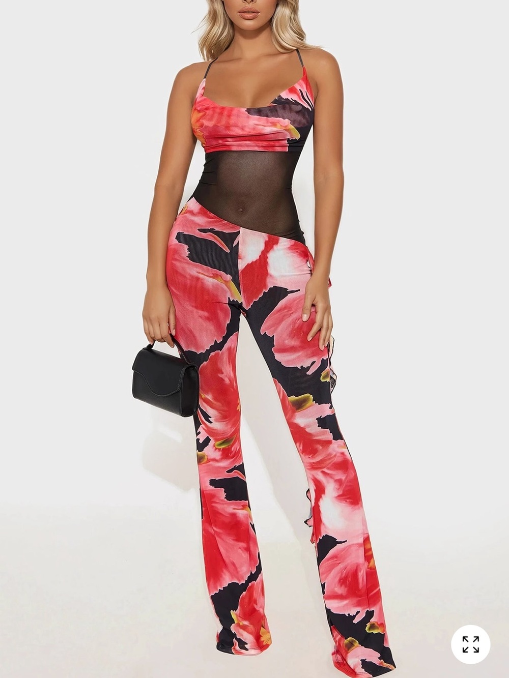 Fashion Nova Red & Black Floral Mesh-Detail Flare Jumpsuit